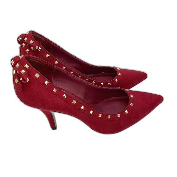 Elle Elkairired Suede Pumps Red Vegan Heels Gold Metal Studs Size 9.5 - Picture 1 of 14